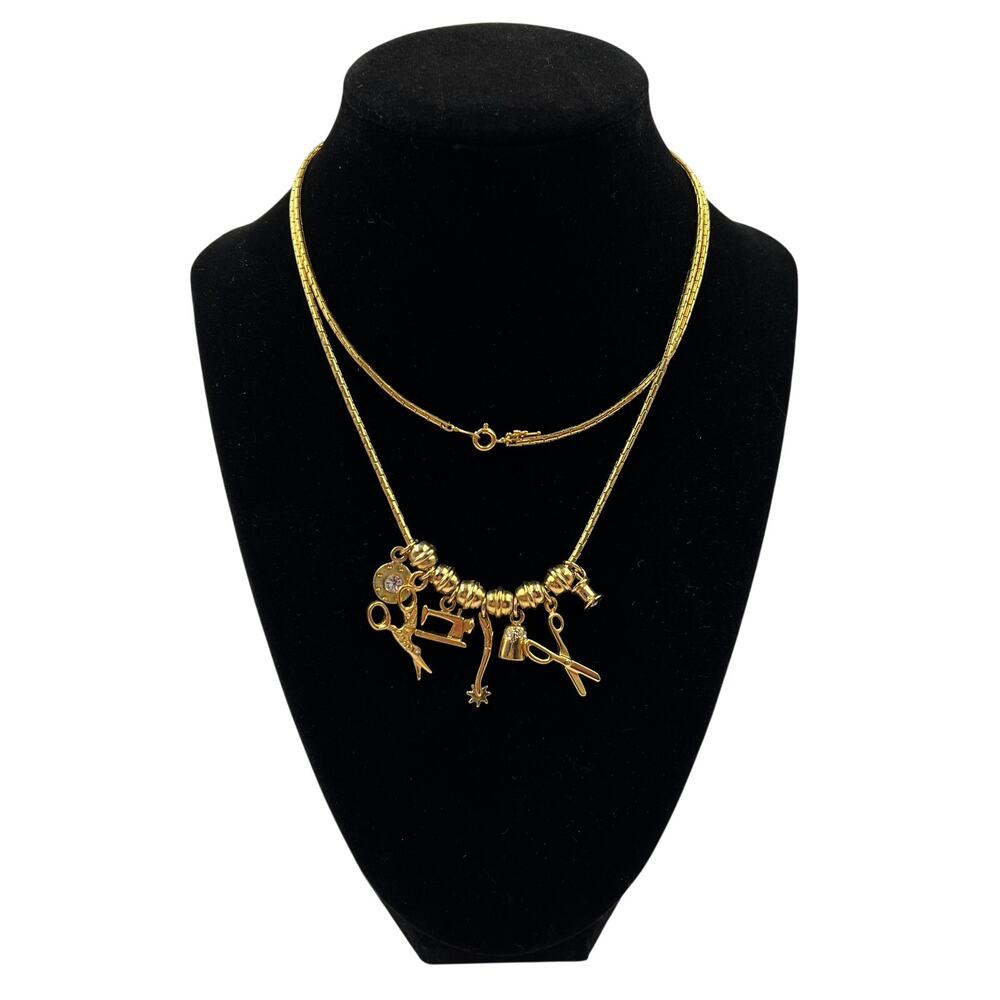 Vintage Crown Trifari Gold Tone Charm Necklace Sewing Quilting 20" Chain
